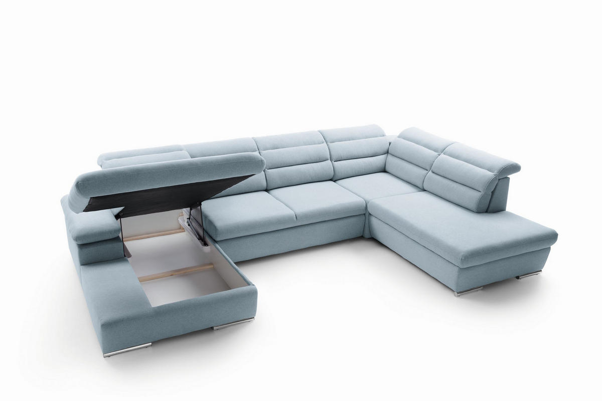 WOHNLANDSCHAFT RISO Blau Velours-Stoff mit Schlaffunktion - Blau, Holz (356/100/230cm) - MASSENO