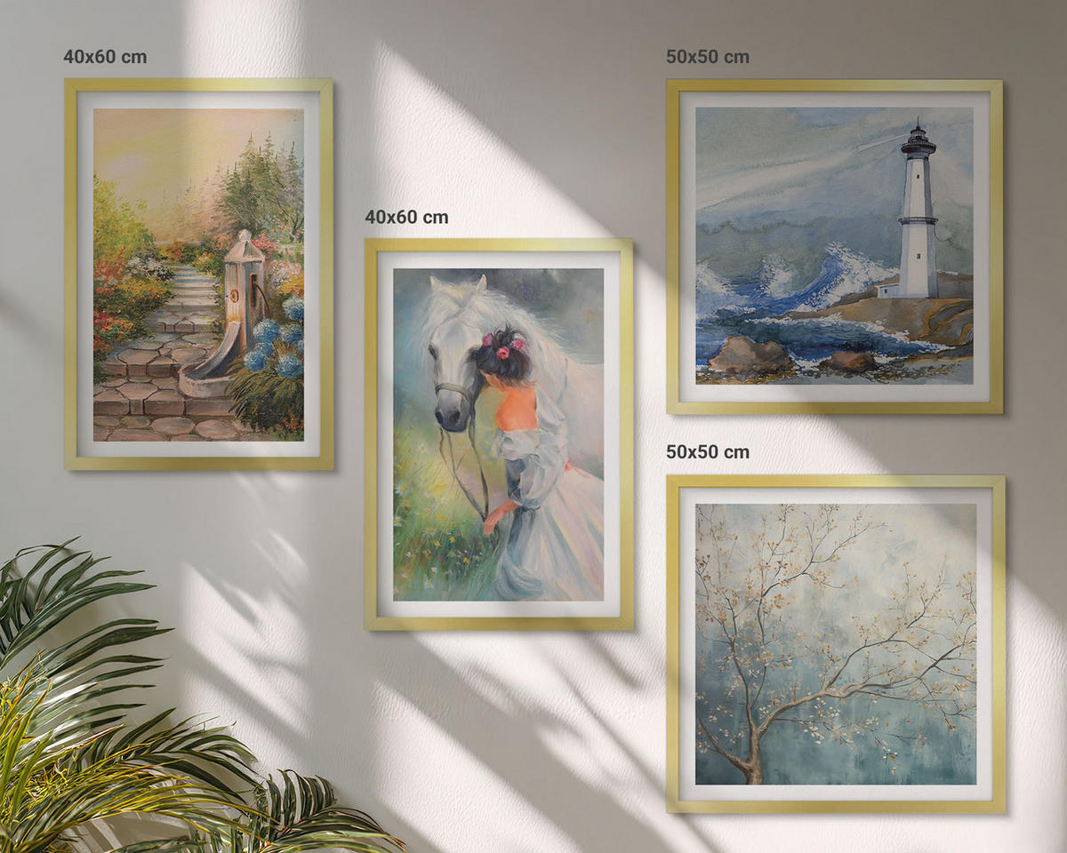 BILDER SET 4er Set - 50x50 cm & 40x60 cm Goldrahmen - Leuchtturm, Landschaft, Mädchen, Pferd - Goldfarben, Kunststoff (50/50cm) - TULUP