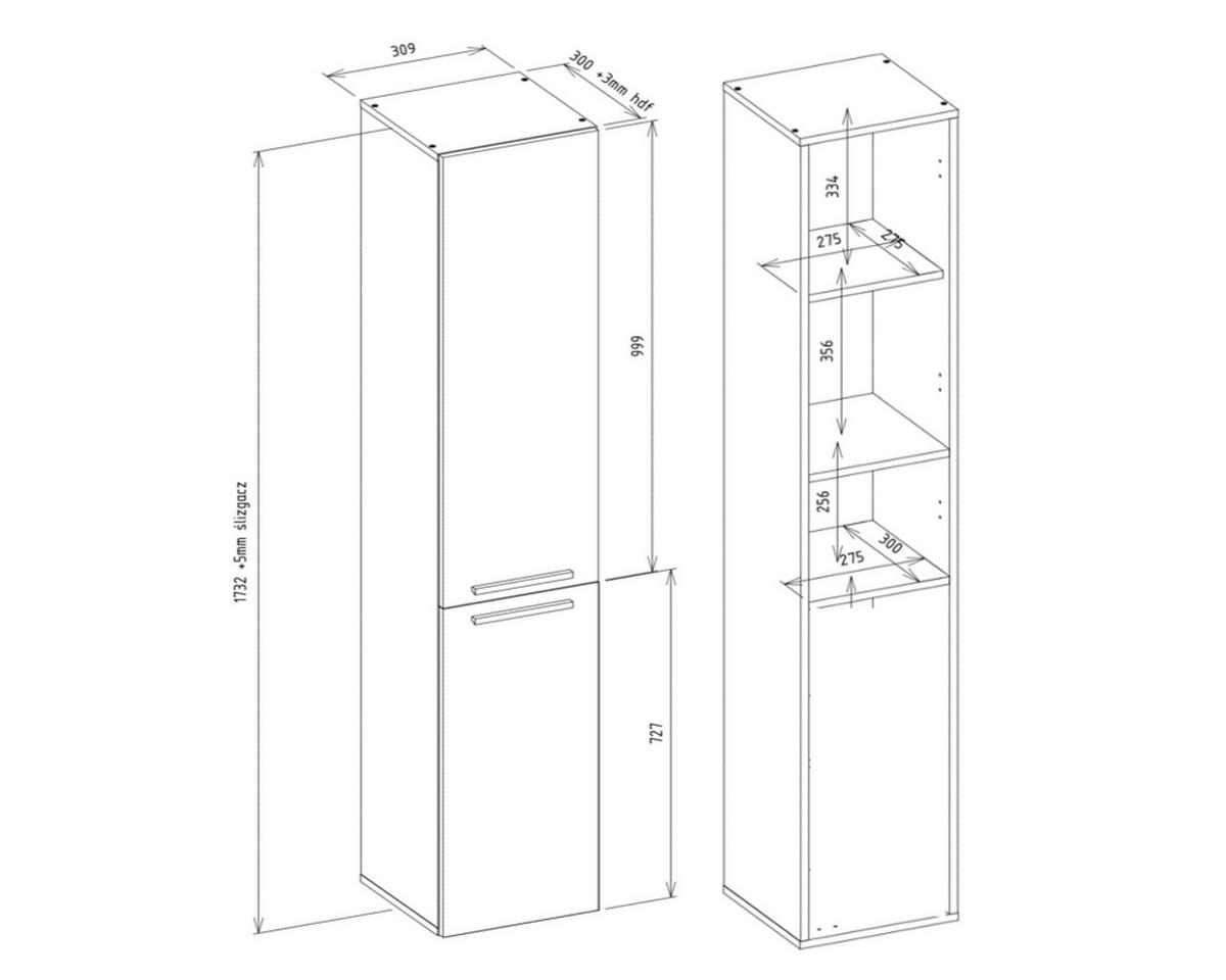 BADEZIMMERSCHRANK: Mattweiß /Weiß glänzend, 30 cm x 174 cm x 30 cm - Weiß Hochglanz/Weiß, Holzwerkstoff (30/170/30cm) - 3XE LIVING