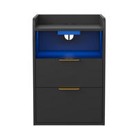 NACHTTISCH Schwarz mit LED-System, Steckdose, 2 Schubladen und Geheimfach - Schwarz, Holz (40/60/40cm) - PARAFTA HOME
