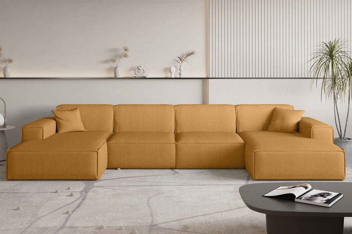 WOHNLANDSCHAFT Celes Premium In Scala - Currygelb, Holzwerkstoff/Textil (379/73/165cm) - Fun Möbel