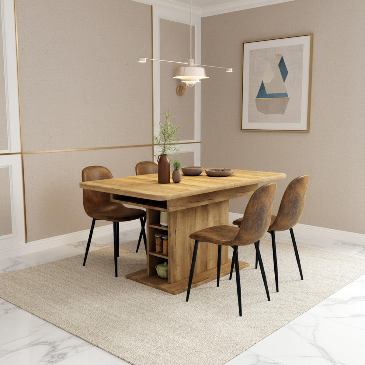 TISCHGRUPPE 5-teilig Kompakter Esstisch 110–130 cm mit Regal-Stauraum & 4 Stühle - Schwarz/Eiche San Remo, Holzwerkstoff/Textil (130/75/70cm) - Urban Meuble