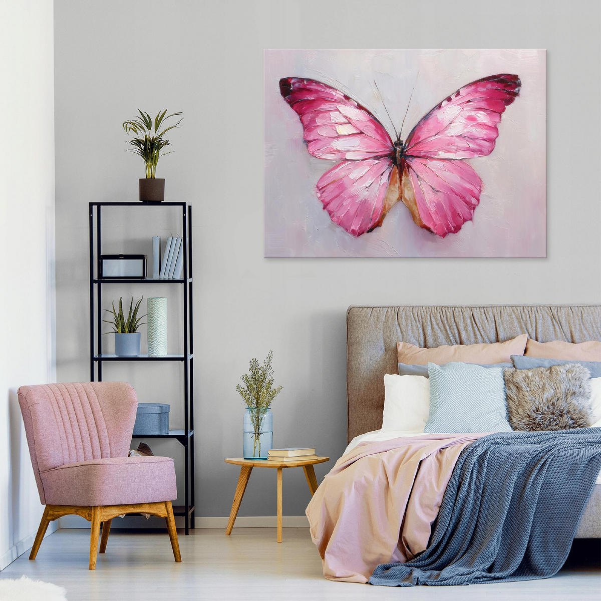 LEINWANDBILD Schmetterling Beton Rosa 100x70 cm - Multicolor, Holzwerkstoff (100/70cm) - Wallarena