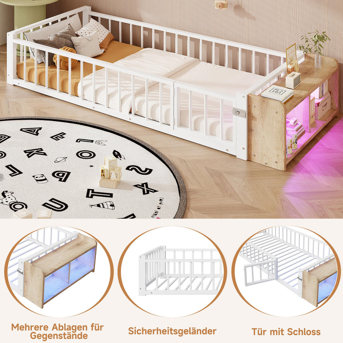 KINDERBETT aus Metall und MDF 90x200 cm Weiß mit Schutzgeländer, offenem Staufach und LED-Beleuchtung - Weiß, Holzwerkstoff (90/200cm) - Modfu