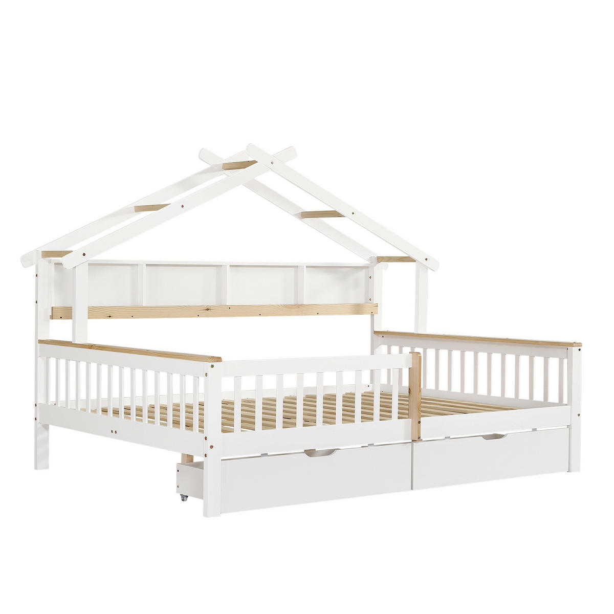 KINDERBETT 140/200 cm in Weiß & Natur mit 2 Schubladen und Dachdesign - Weiß/Naturfarben, Holz/Holzwerkstoff (140/200cm) - CHICFURN