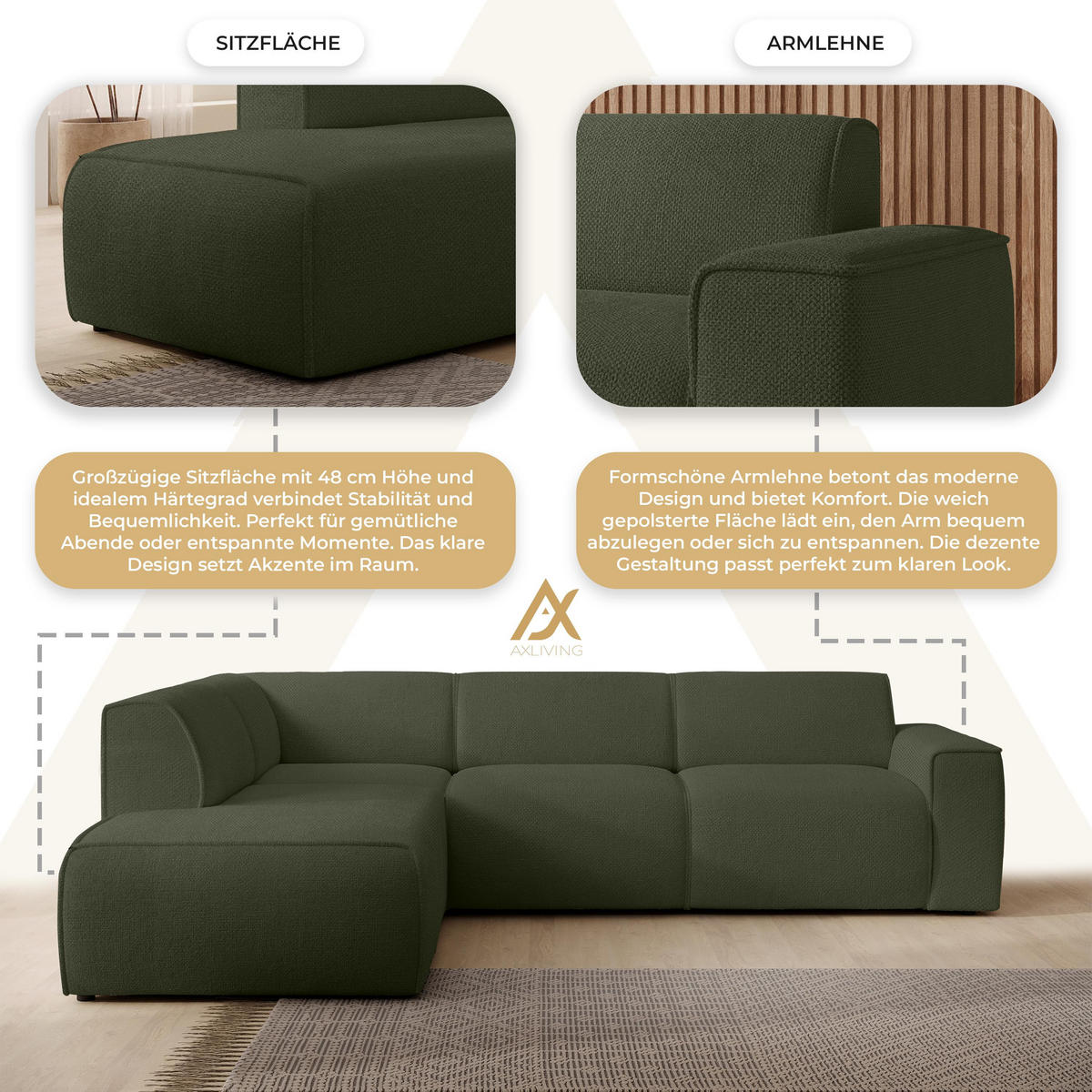 ECKSOFA L Form Didim Grün 292/220/78 cm – großes Sofa stilvoll & bequem L - Schwarz/Grün, Kunststoff/Textil (220/292cm) - AX Living