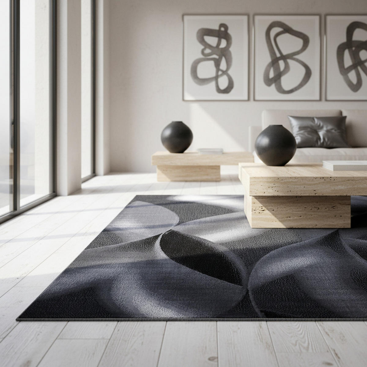 TEPPICH Kurzflor Abstrakte Wellen Polypropylen Wohnzimmer Schwarz Rechteckig 140x200 - Schwarz, Textil (140/200cm) - KADIMA DESIGN