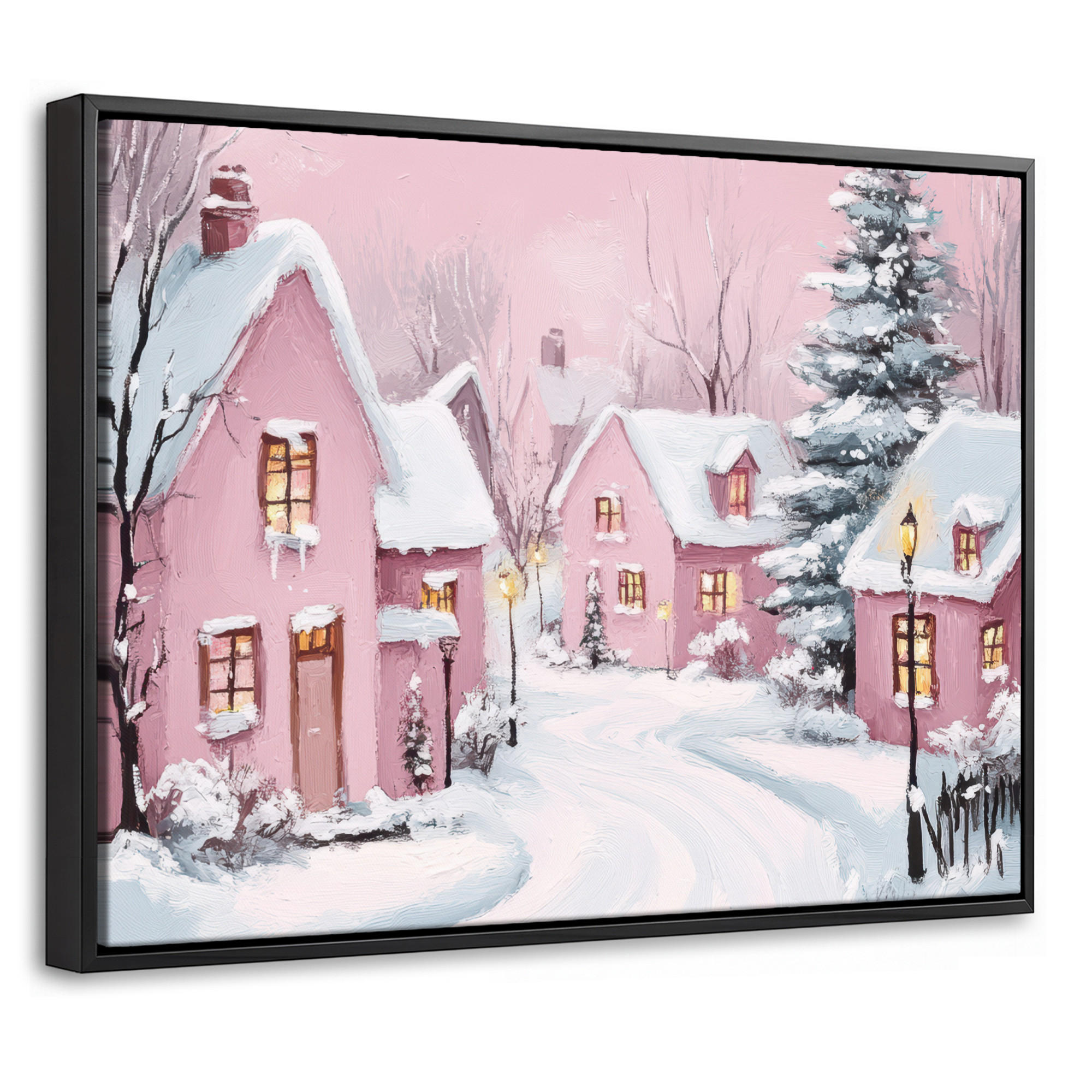 LEINWAND Bilder mit Rahmen - Weihnachtsdorf - Rosa - Winter - Schnee - Häuser - 40x30 - Altrosa, Textil (40/30cm) - MuchoWow