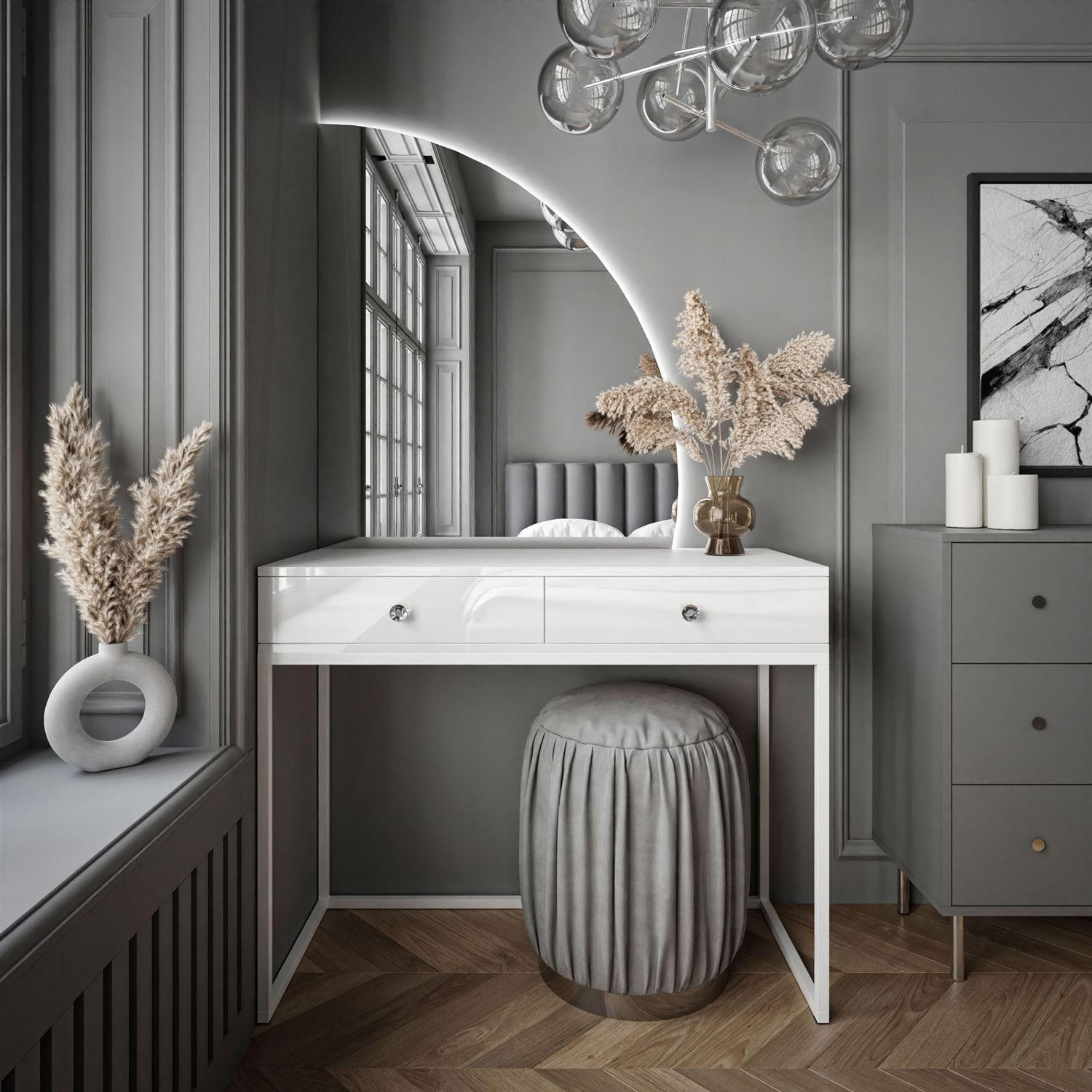 SCHMINKTISCH weiß QUINNIE mit LED-Spiegel rechts Griff Kristall - Weiß Hochglanz/Weiß, Holzwerkstoff (100/176/42cm) - Lookway