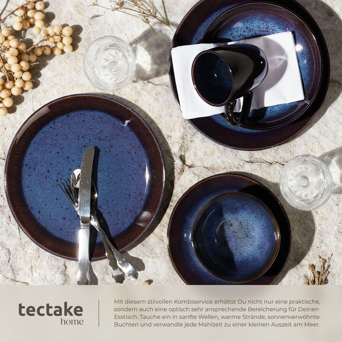 KOMBISERVICE Mare, ineinander stapelbar, blau/braun - Blau, Keramik (26.5/2.5/26.5cm) - tectake