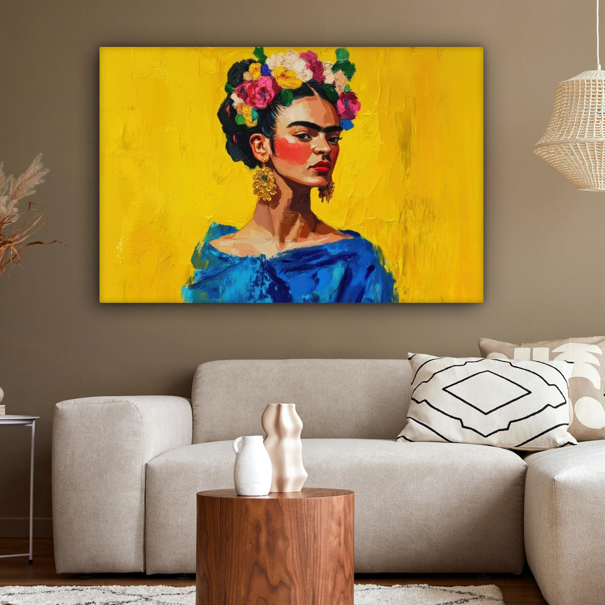 LEINWANDBILD Frida Kahlo - Frau - Gelb - Blau - Blumen Groß 140x90 cm - Gelb, Textil (140/90cm) - MuchoWow