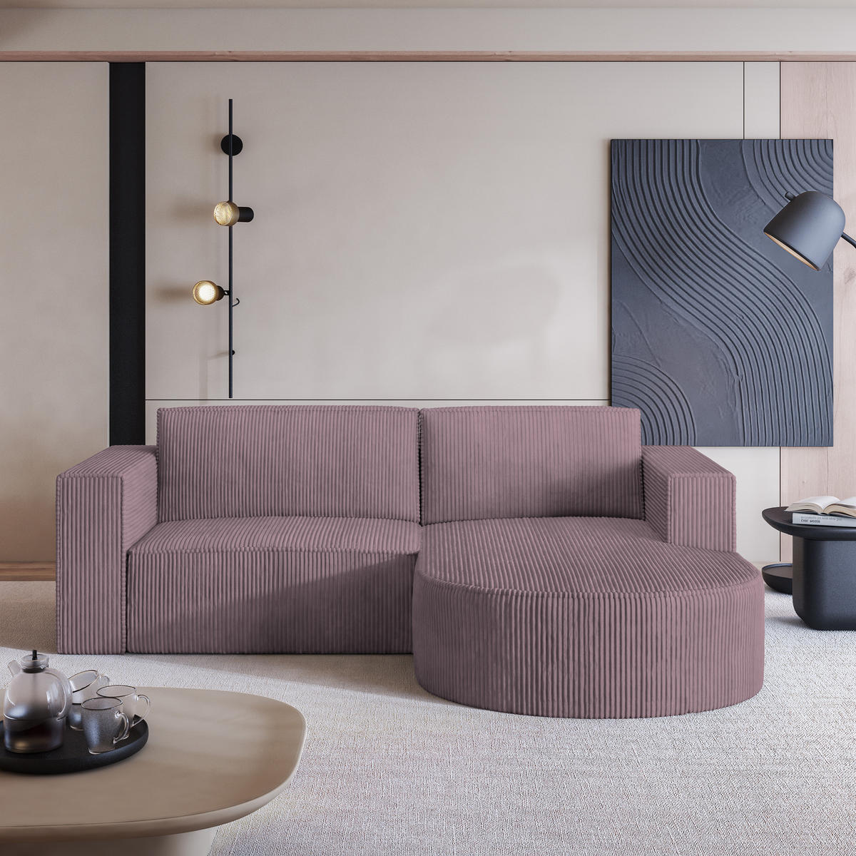 ECKSOFA SORELA P R-S Lila Kordstoff mit Schlaffunktion - Lila, Holz (263/174cm) - MASSENO