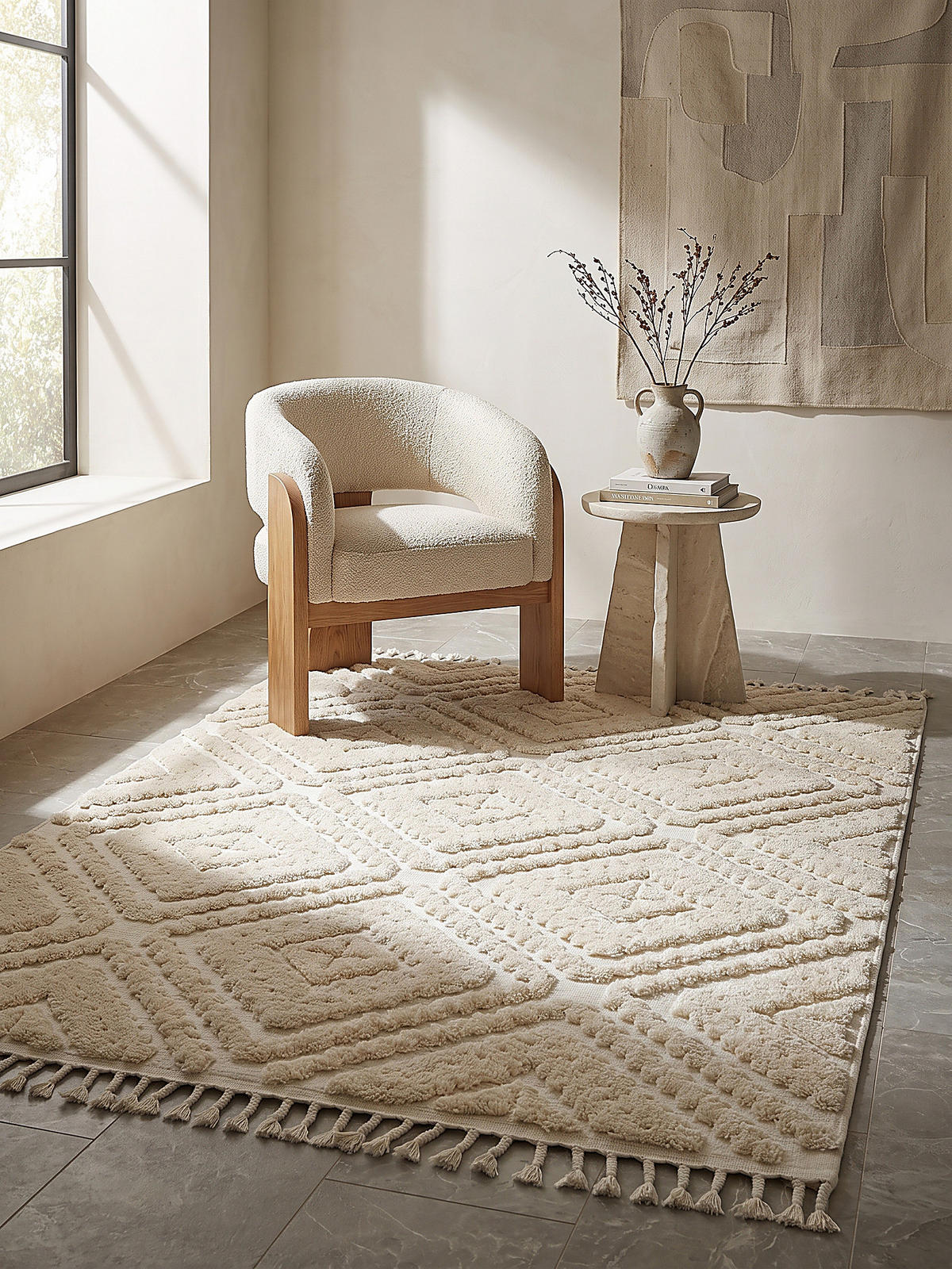 HOCHFLORTEPPICH, mit Fransen, TALLA, Rautenmuster, Creme, 200 x 300 cm - Beige, Textil (200/300cm) - KADIMA DESIGN