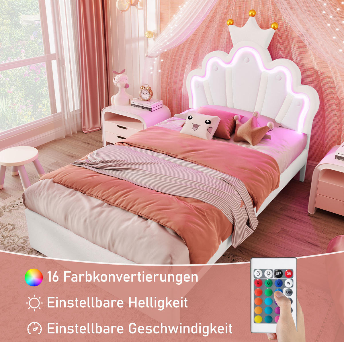 KINDERBETT 90/200 cm in Weiß mit LED-Licht, 2 Schubladen und verstellbarem Kopfteil - Weiß, Leder (90/200cm) - BEAOK