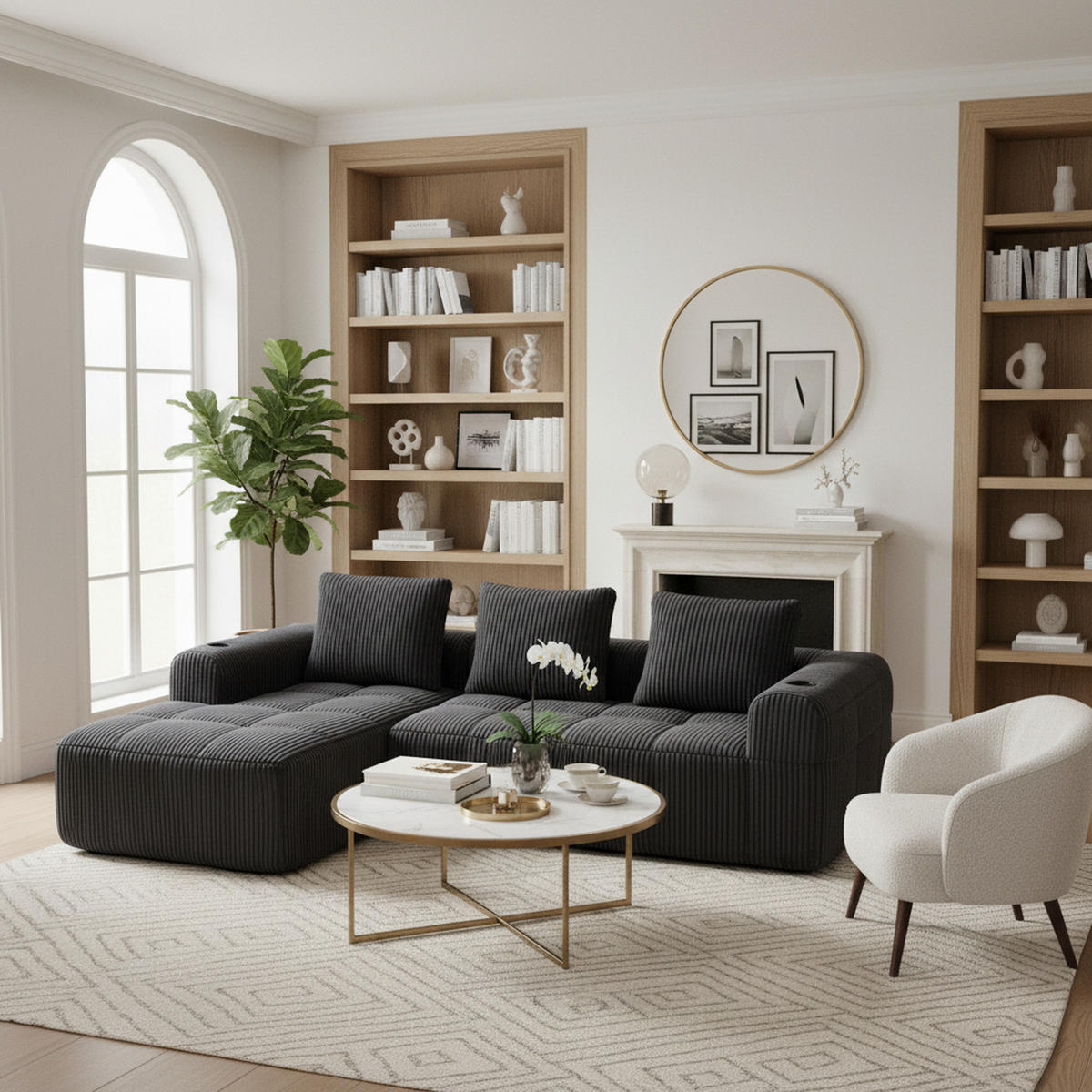 ECKSOFA 3-Sitzer mit Getränkehalter, Seitentaschen & 3 Kissen - Dunkelgrau, Textil (253/158cm) - Urban Meuble