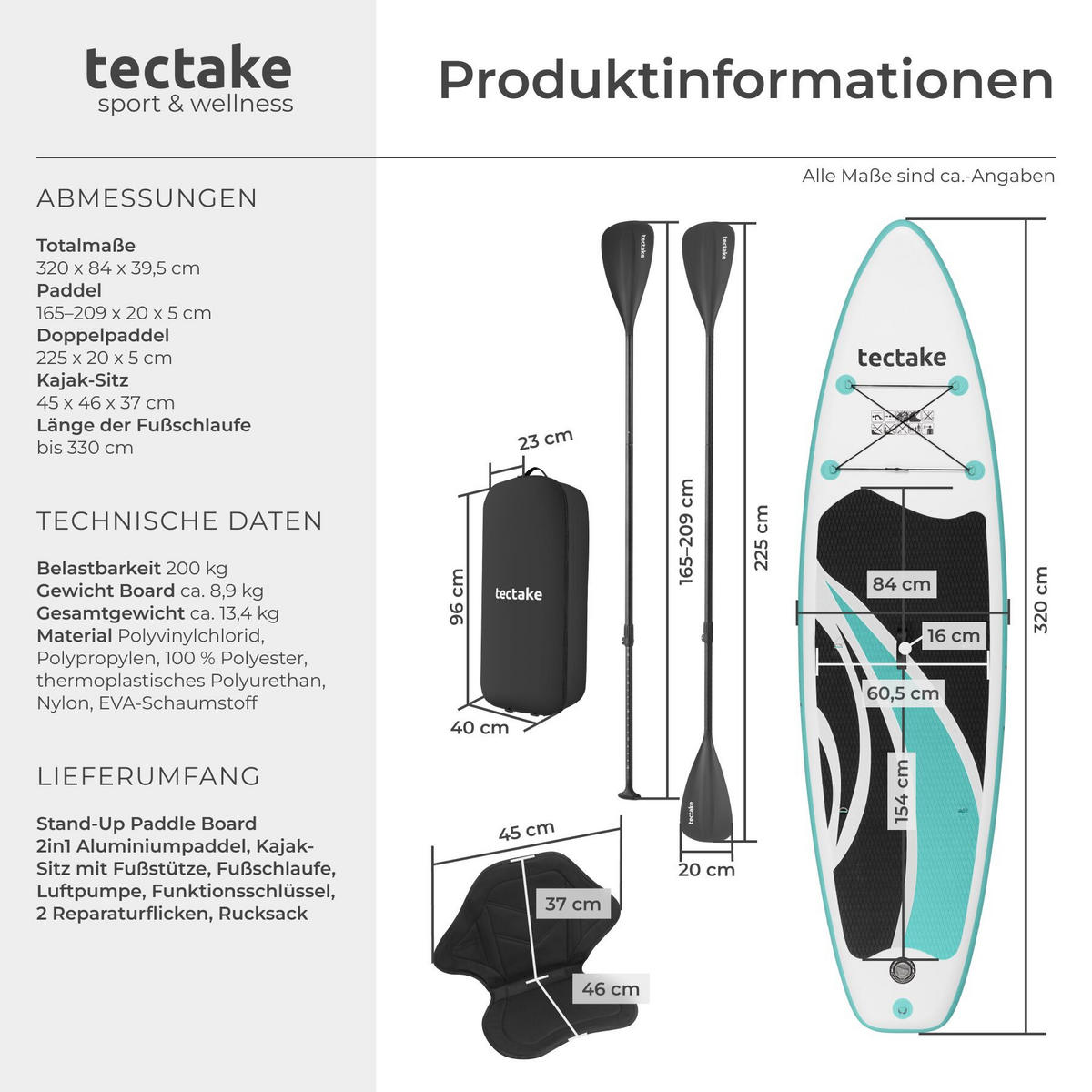 STAND UP PADDLE BOARD Zenon, Belastbarkeit 200 kg, inklusive Kajak-Sitz, weiß/türkis - Weiß, Kunststoff (320/84/0.4cm) - tectake