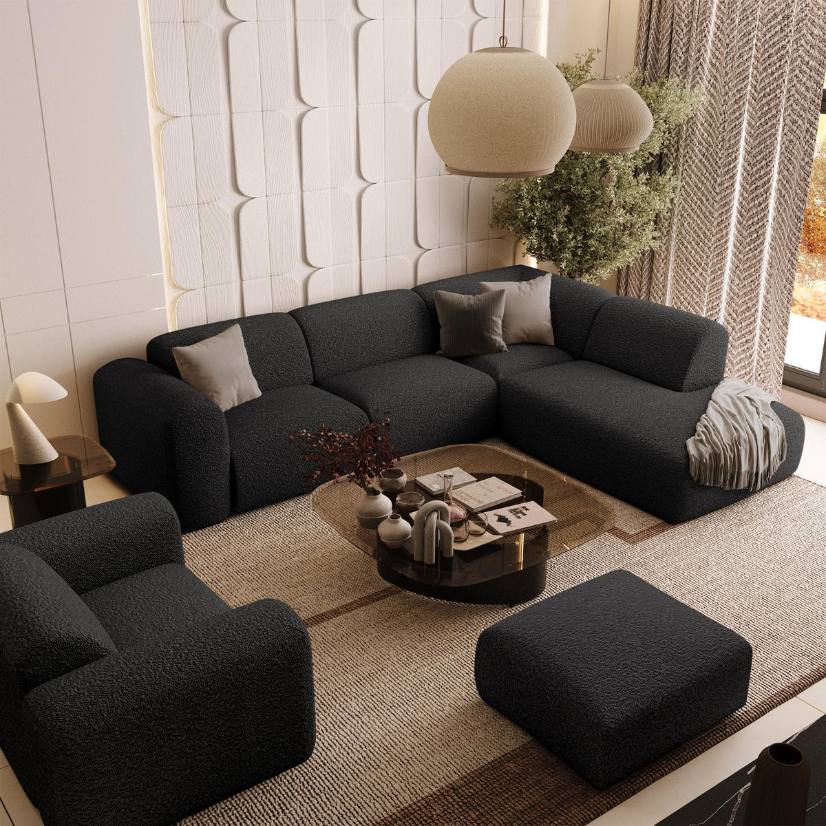 ECKSOFA RECHTS Bouclé-Stoff Dunkles Anthrazit 269cm - Anthrazit, Textil (269/221cm) - Sia Home