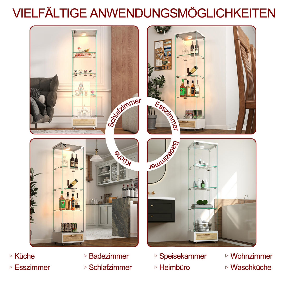 VITRÍNA 167/42,5/36,5 cm, MDF a sklo, biela, s LED osvetlením - biela, kompozitné drevo (42.5/167/36.5cm) - BEAOK