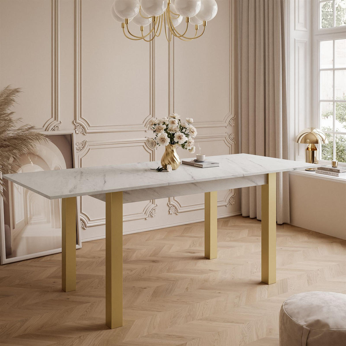 ESSTISCH ARTON GOLD ausziehbarer Tisch 140-195 cm Klapptisch Wohnzimmer - Goldfarben/Multicolor, Holzwerkstoff/Metall (140/80/77cm) - Lookway