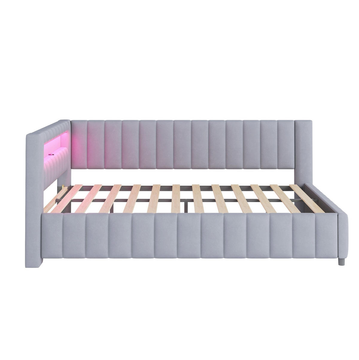 POLSTERBETT 140/200 cm aus Samt mit LED-Beleuchtung, USB-Anschluss und Rückenlehne, Grau - Grau, Textil (140/200cm) - Redom