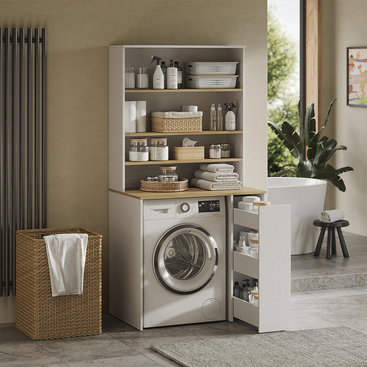 WASCHMASCHINENSCHRANK Viktor, Weiß/Artisan-Eiche, 93.6 x 88.2 cm 2 Teile mit Rollregal - Weiß/Eiche Artisan, Holzwerkstoff (93.6/88.2/60cm) - Vicco