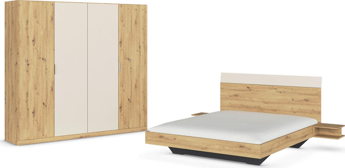 SCHLAFZIMMER Monza in Eiche Artisan und Beige mit Bettanlage 160x200cm, 2 Nachttischen und Drehtürenkleiderschrank 4türig ohne Spiegel - Braun, Holzwerkstoff (80/200/120cm)