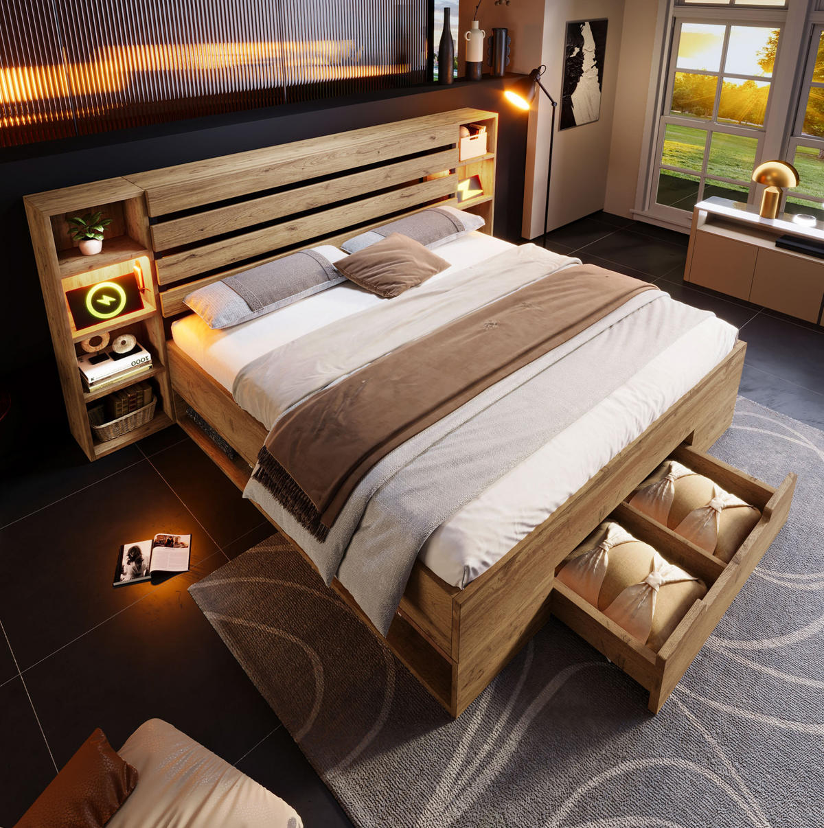 POLSTERBETT 180/200 cm Eiche aus Holz und Metall mit LED und Stauraum - Eichefarben, Metall (180/200cm) - OKMYHOME