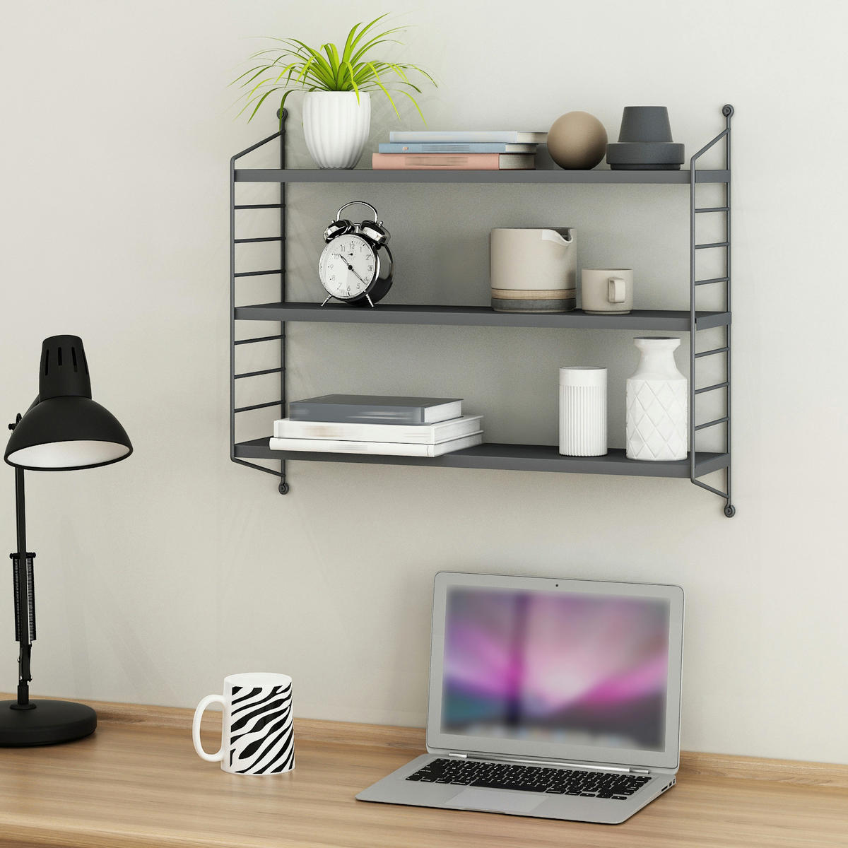 SADA NÁSTĚNNÝCH POLIČEK 4 KS Strängnäs - tmavě šedá, kov (60/50/15cm) - [en.casa]