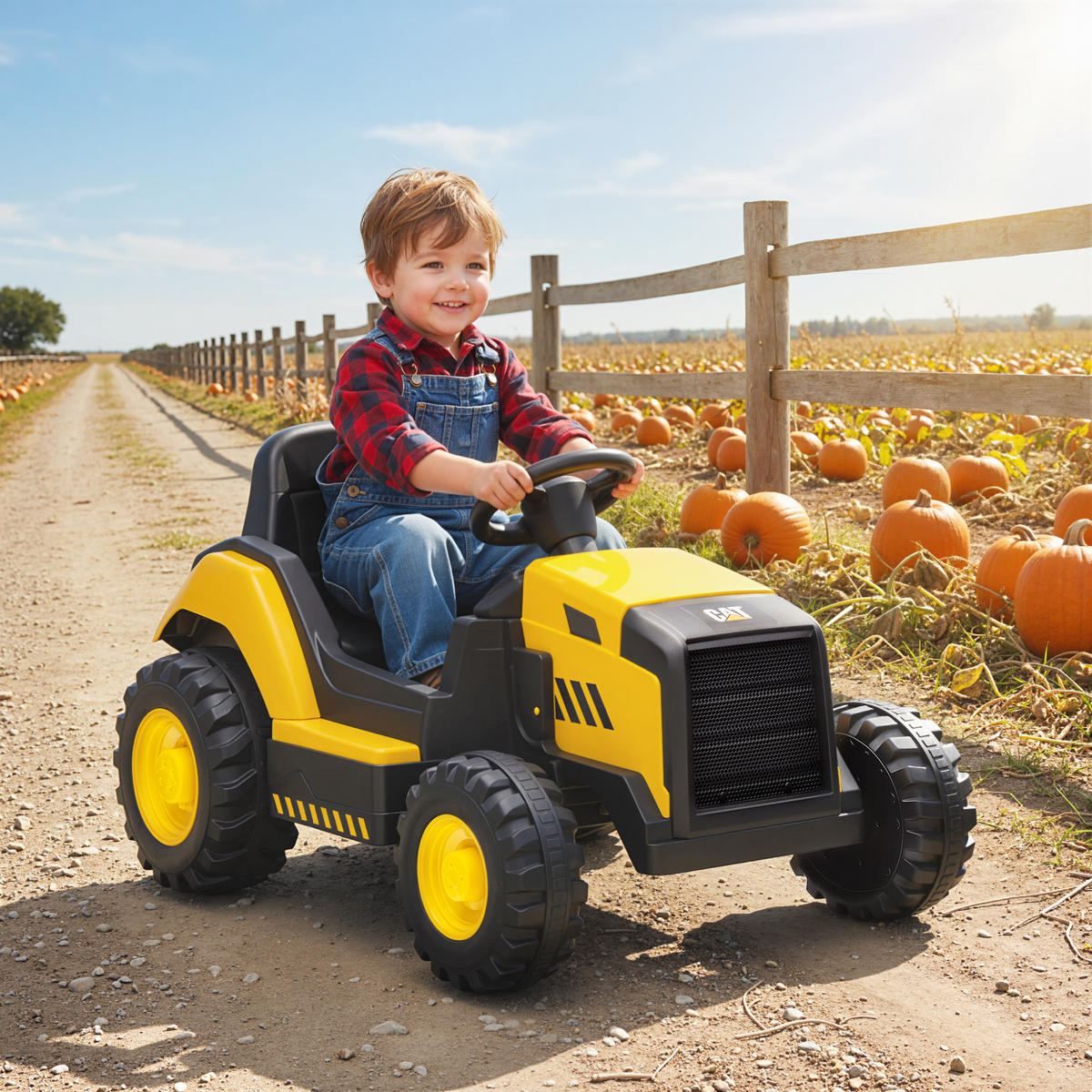ELEKTRISCHER Traktor Offiziell CAT-lizenziert 12 V Aufsitztraktor mit Musik - Gelb, Kunststoff (100/63/56cm) - AIYAPLAY