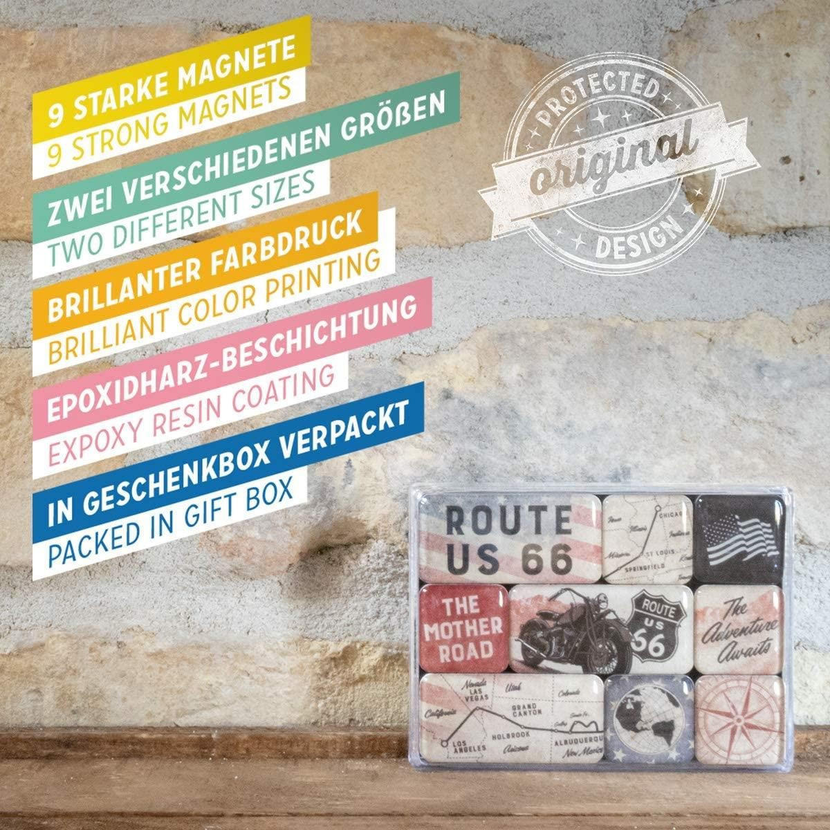 MAGNETSET 9-teilig US Highways Route 66 Bike Map - Multicolor, Metall (9/7/2cm) - Nostalgic-Art