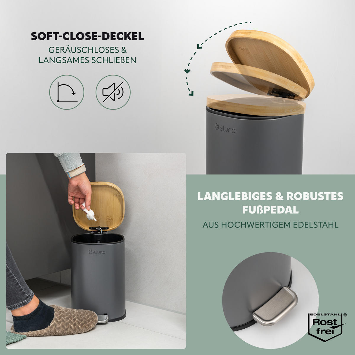 KOSMETIKEIMER FRAMURA, Metall mit Bambus, grau - Grau, Metall (18.5/27.5/23cm) - eluno