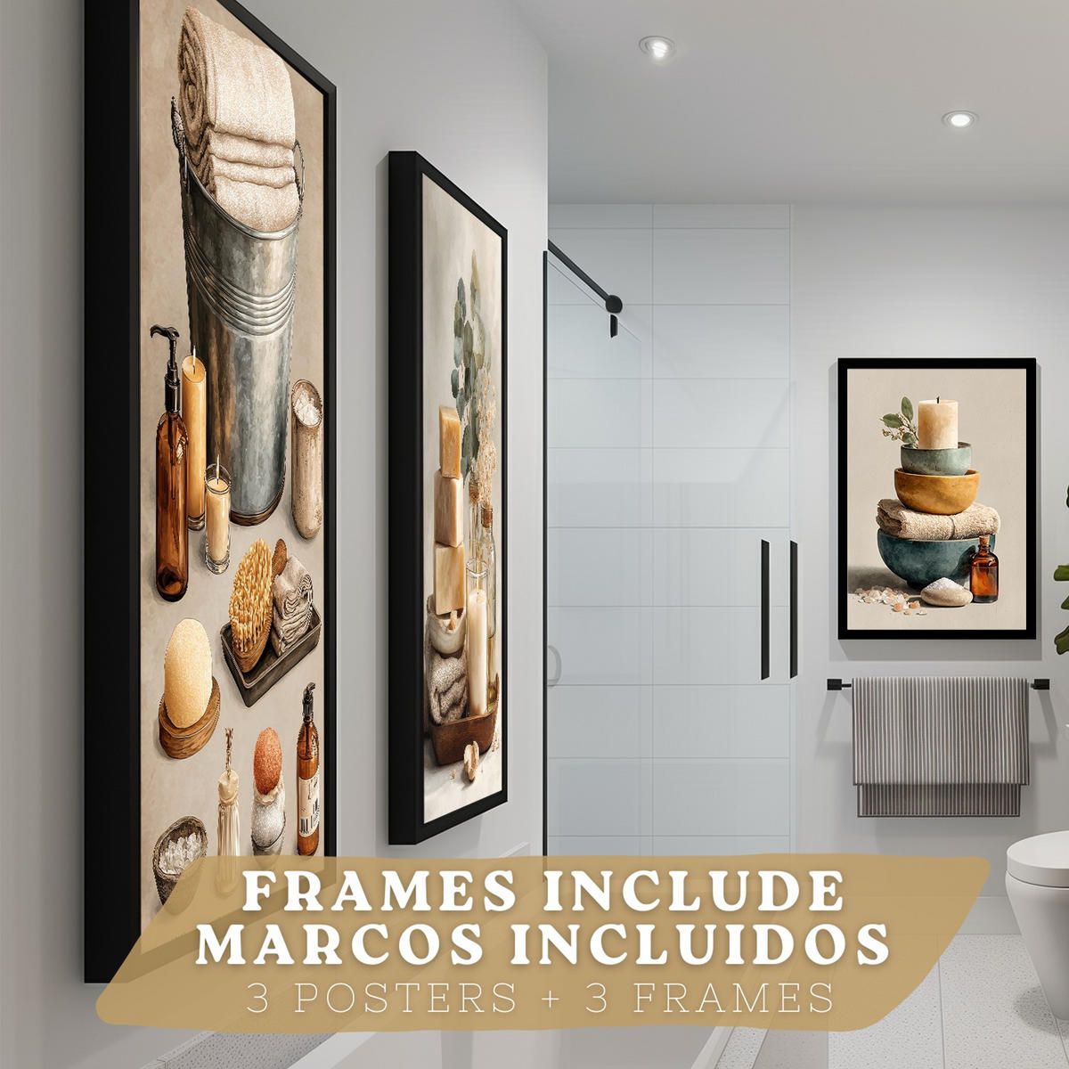 POSTER Set aus 3 Badezimmer Wandbildern und Drucke zur Dekoration für Waschbecken Dusche WC mit Kerzen Seifen und Handtüchern Schwarzer Rahmen A3 - Schwarz, Papier (42/29.7/3cm) - Nacnic
