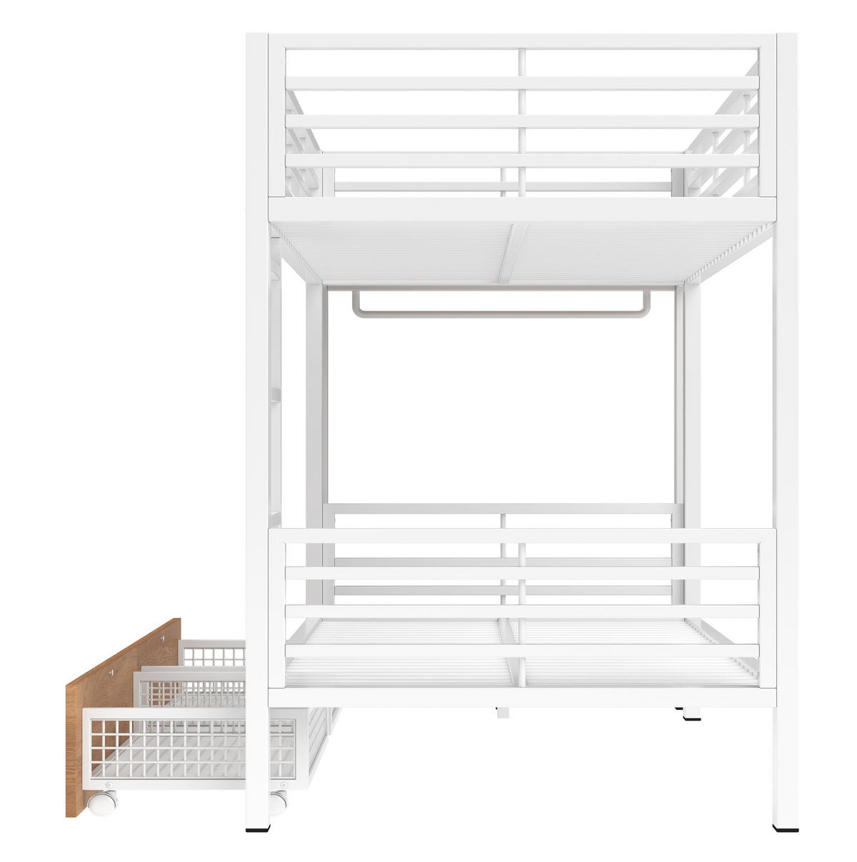 ETAGENBETT aus Metall und MDF 90x200 cm Weiß mit 4 Schubladen, LED-Beleuchtung und Kleiderhakenbereich - Weiß, Holzwerkstoff (90/200cm) - Modfu