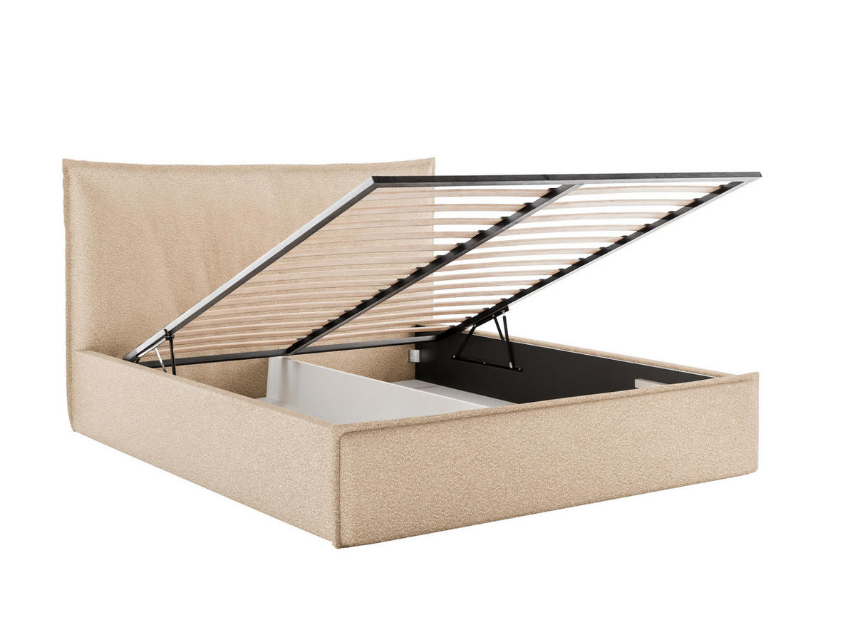 POLSTERBETT LUNA 140x200 cm mit Bettkasten, Stauraum und Metall-Lattenrost – Bouclé Stoff Beige - Beige/Schwarz, Textil/Metall (140/200cm) - Luxkor24