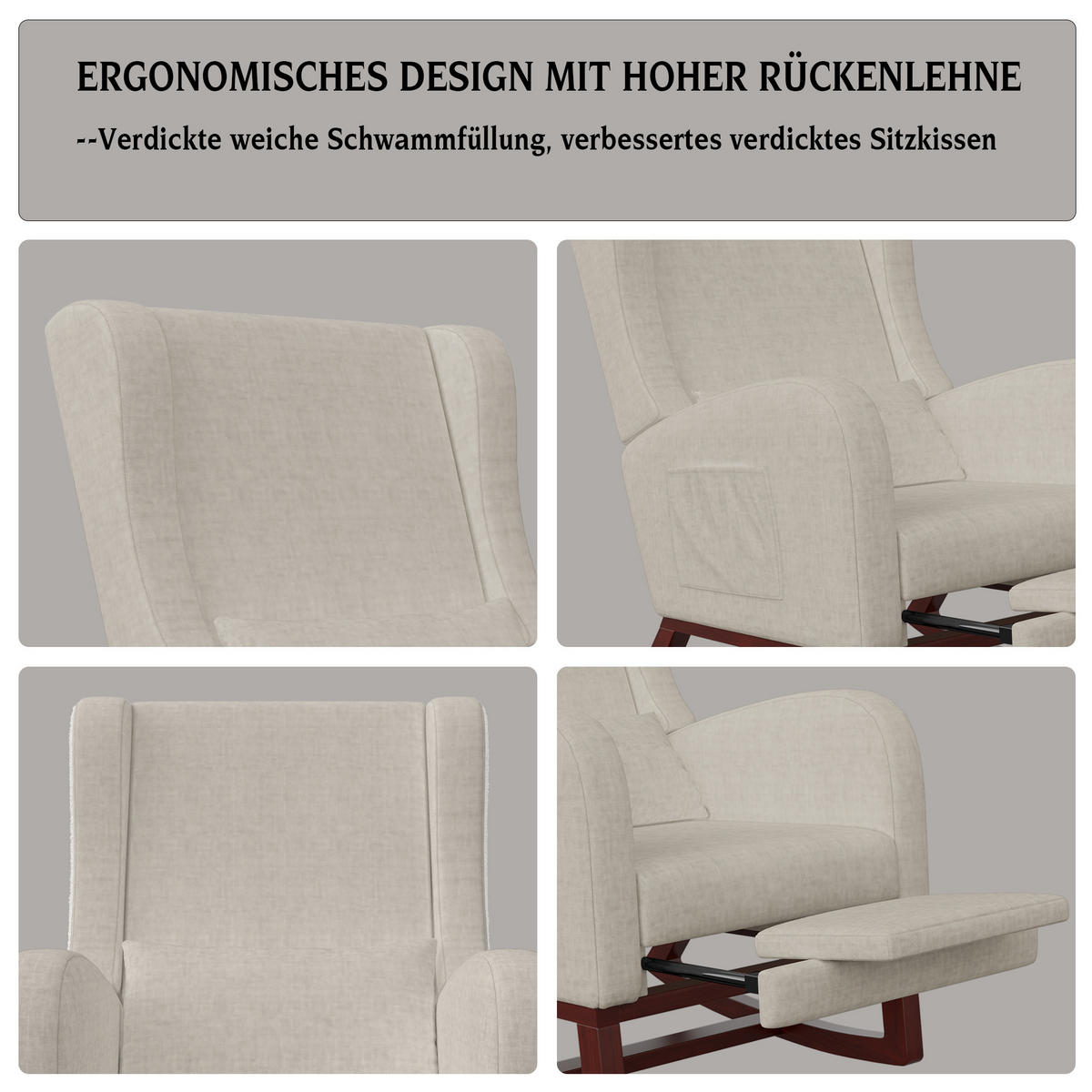 SCHAUKELSTUHL Leinenoptik, ausziehbare Fußstütze, Seiten Taschen, geräuschdämpfend, mit Kissen, cremeweiß - Beige, Holz (64/99/67cm) - Joyfair