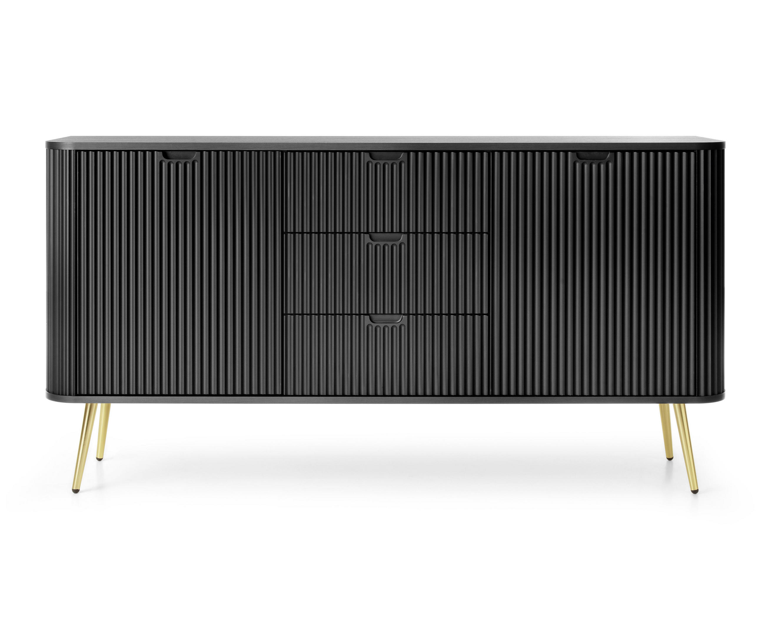 SIDEBOARD Salvia 2T 3S Schwarz, Gold 168/87/39 cm – mit geriffelten Fronten und hohen Beinen - Goldfarben/Schwarz, Holzwerkstoff/Metall (168/87/39cm) - AX Living