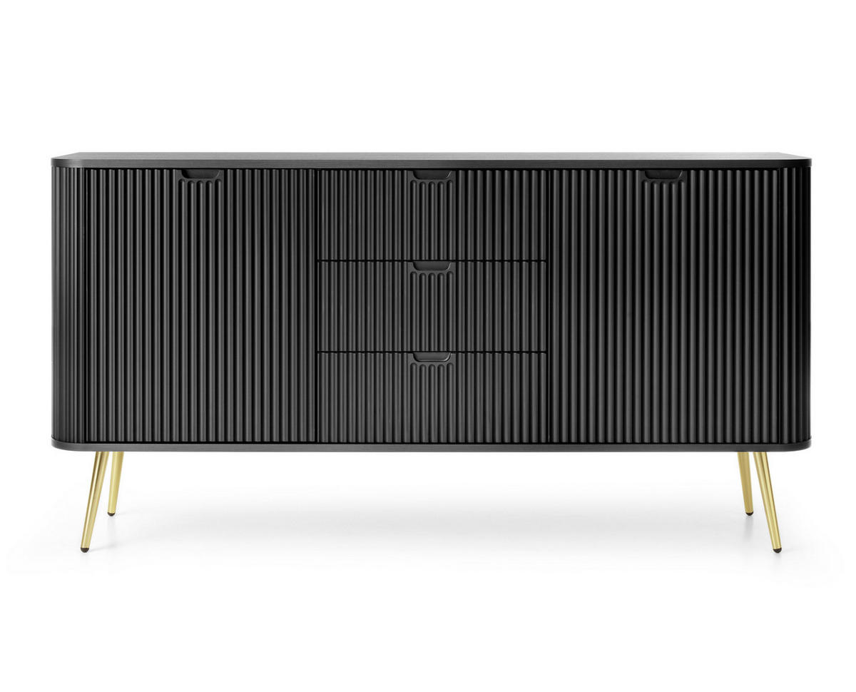 SIDEBOARD Salvia 2T 3S Schwarz, Gold 168/87/39 cm – mit geriffelten Fronten und hohen Beinen - Goldfarben/Schwarz, Holzwerkstoff/Metall (168/87/39cm) - AX Living