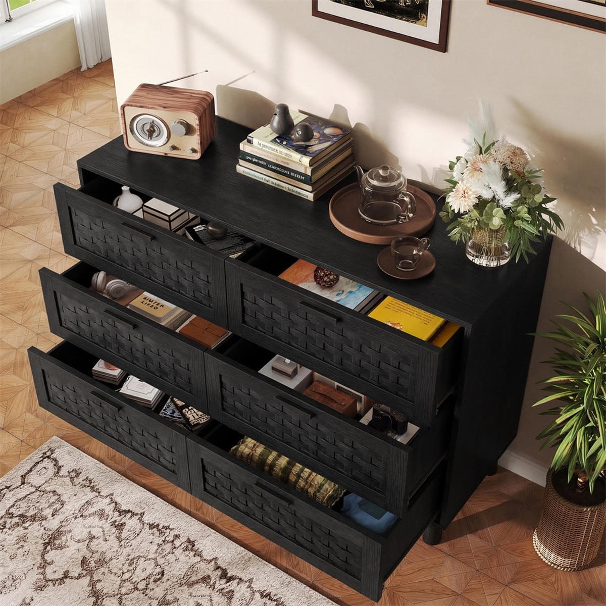 KOMMODE mit 6 Schubladen - elegante Geflecht-Optik und runde Holzbeine - Schwarz - Schwarz, Holzwerkstoff (115/80/40cm) - DELFA