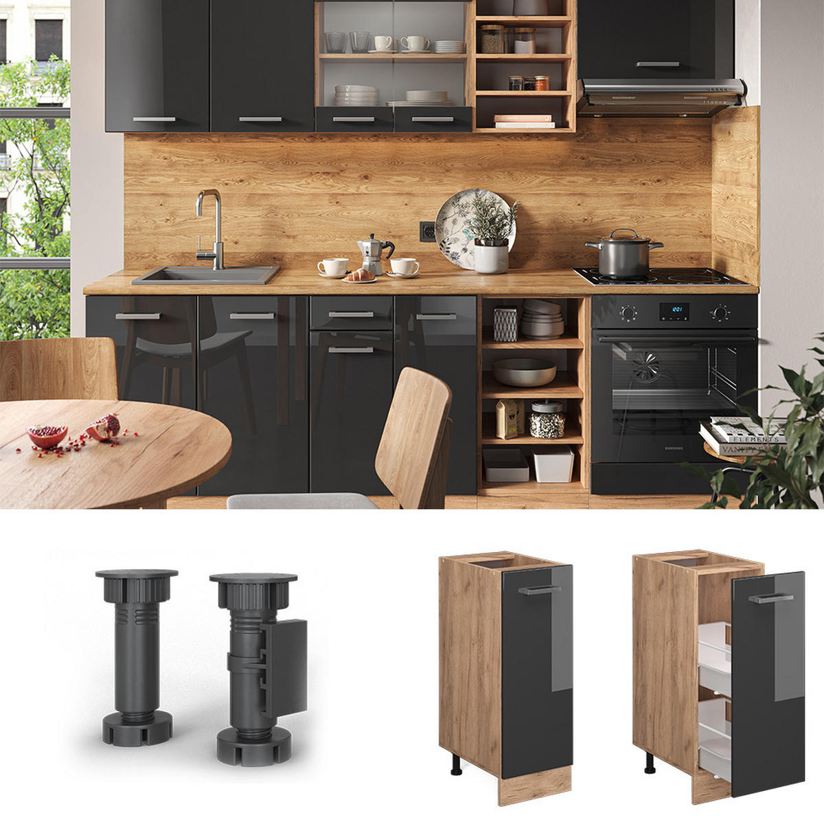 APOTHEKERSCHRANK R-Line Anthrazit Hochglanz 30 cm AP Marmor - Anthrazit/Eiche Wotan, Holzwerkstoff (30/81.6/60cm) - Vicco