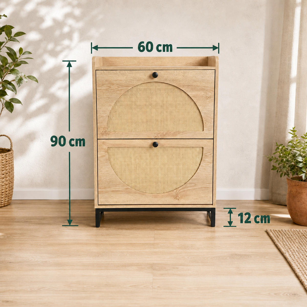 SCHUHSCHRANK Natur Rattanoptik 2 Klappen Metallbeine 90 cm - Hellbraun, Holzwerkstoff/Metall (60/90/24cm) - Relaxdays