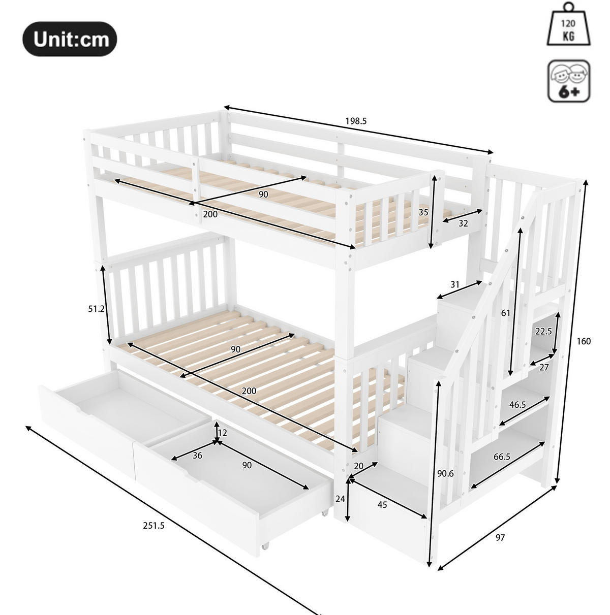 ETAGENBETT 90/200 cm in Weiß mit Treppenregal und 2 Schubladen - Weiß, Holz (90/200cm) - BEAOK
