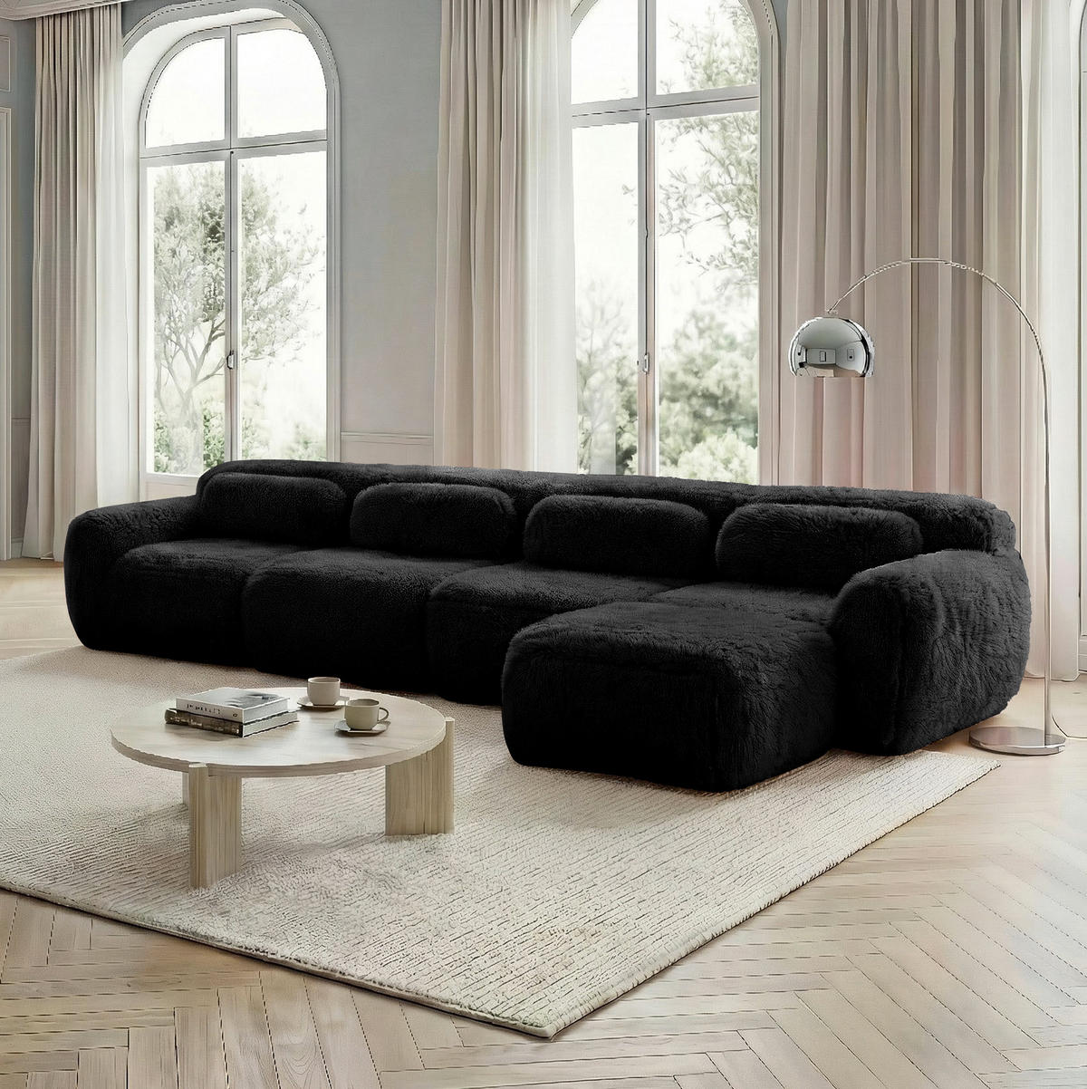 ECKSOFA 378/179/73 cm schwarz aus Plüsch modular und montagefrei - Schwarz, Textil (179/378cm) - OKWISH