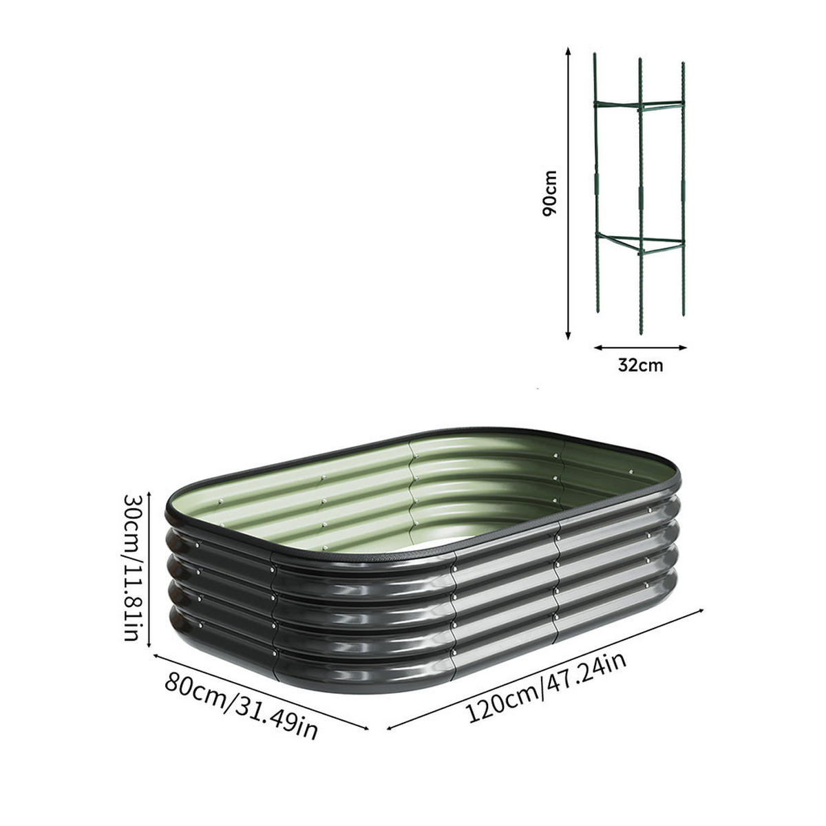 HOCHBEET-PFLANZKASTEN mit Pflanzenstütze aus verzinktem Stahl in Anthrazit Ovalen Blumenkasten für Garten Balkon langlebig rostfest 120 × 80 × 30 cm - Silberfarben, Metall (80/30/120cm) - Livingandhome