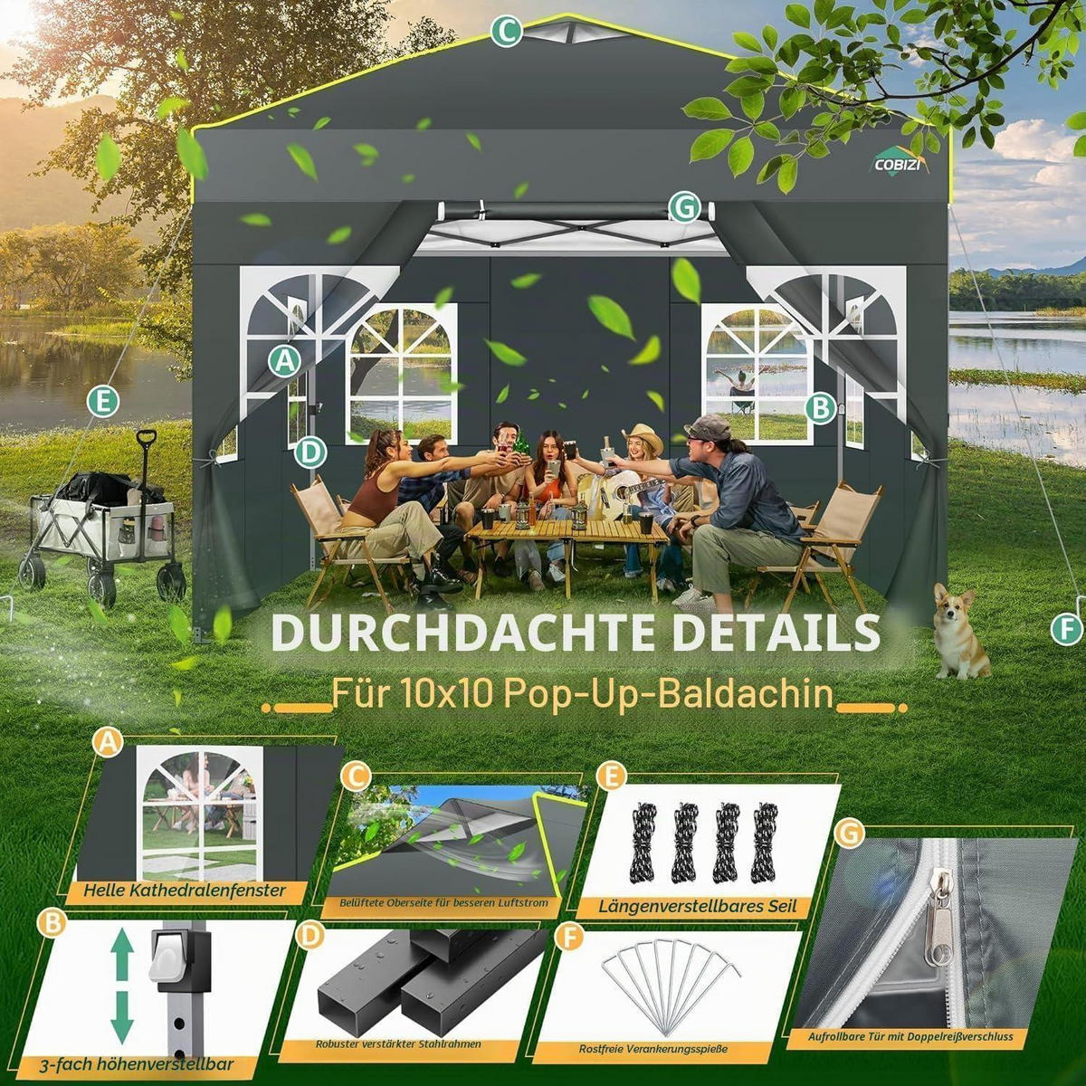 GARTENPAVILLON 3 x 3 m Grau Wasserdicht mit 4 Seitenwänden - Grau, Textil (300/192/300cm)