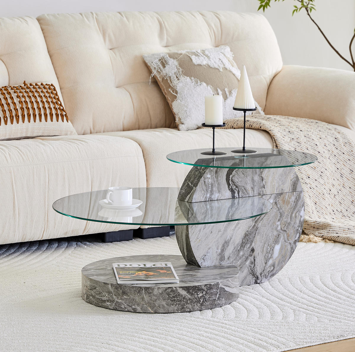 COUCHTISCH 70 cm mit Ablage aus Sicherheitsglas in grauer Marmoroptik - Transparent, Holzwerkstoff (90/70/44cm) - BEAOK