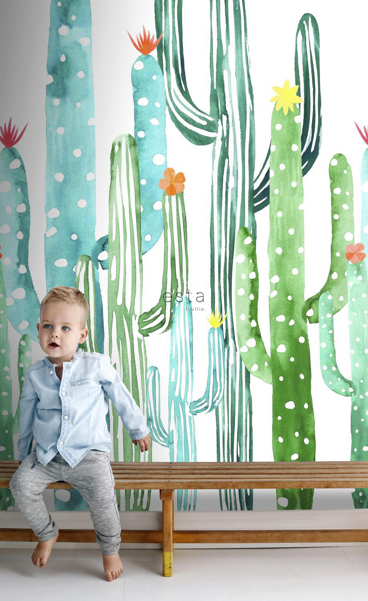 FOTOTAPETE gemalte Kakteen in Blüte 150 x 279 cm - Grün, Papier (150/279cm) - ESTAhome