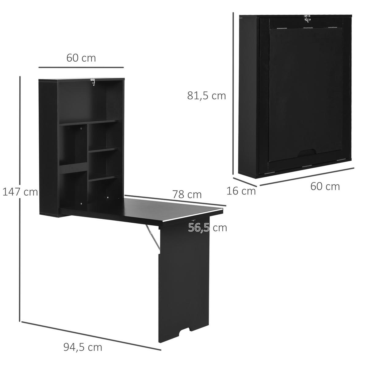 WANDKLAPPTISCH, MDF, Schwarz, 60 x 94,5 x 147 cm - Schwarz, Kunststoff (94.5/147/60cm) - HOMCOM
