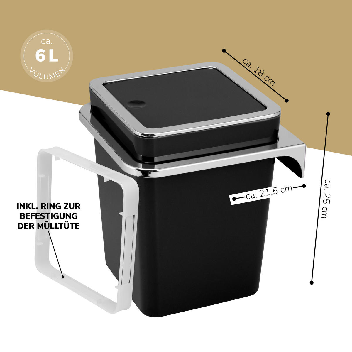 KOSMETIKEIMER SAVONA 6 Liter, schwarz, Kunststoff - Schwarz, Kunststoff (18/24.5/18cm) - bremermann