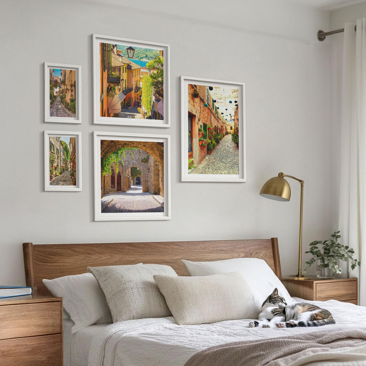BILDER SET 5er Set - 50x50 cm & 20x30 cm & 40x60 cm Weißer Rahmen - Italienische Straßen, Blumen, Architektur - Weiß, Kunststoff (40/60cm) - TULUP