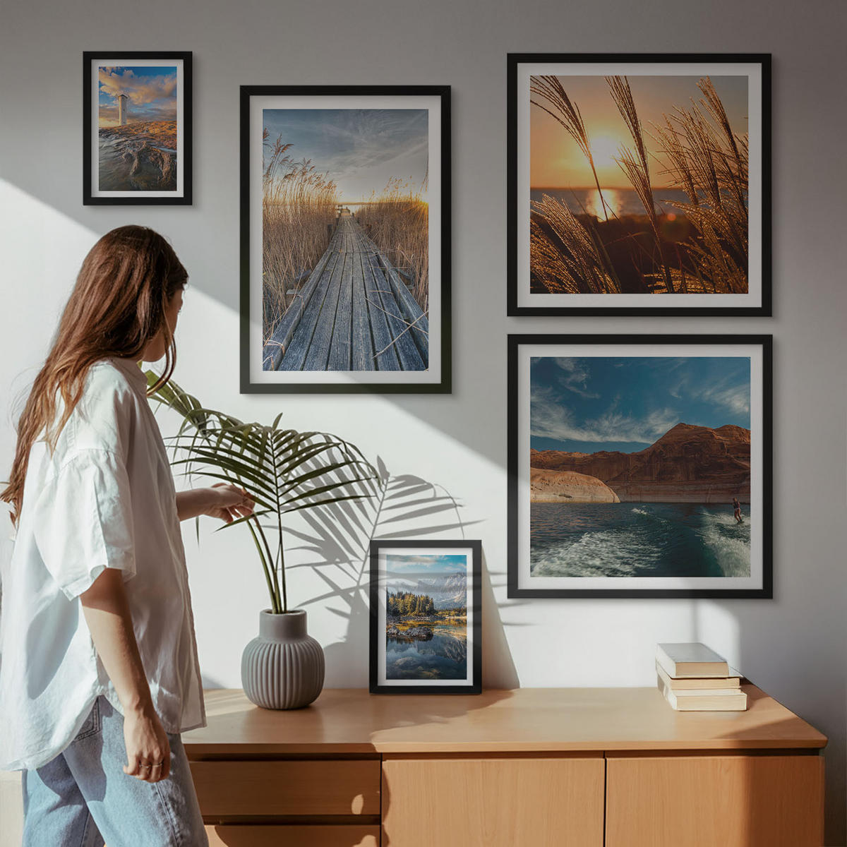 BILDER SET 5er Set - 50x50 cm & 20x30 cm & 40x60 cm Schwarzer Rahmen - Leuchtturm-Grassteg - Schwarz, Kunststoff (40/60cm) - TULUP